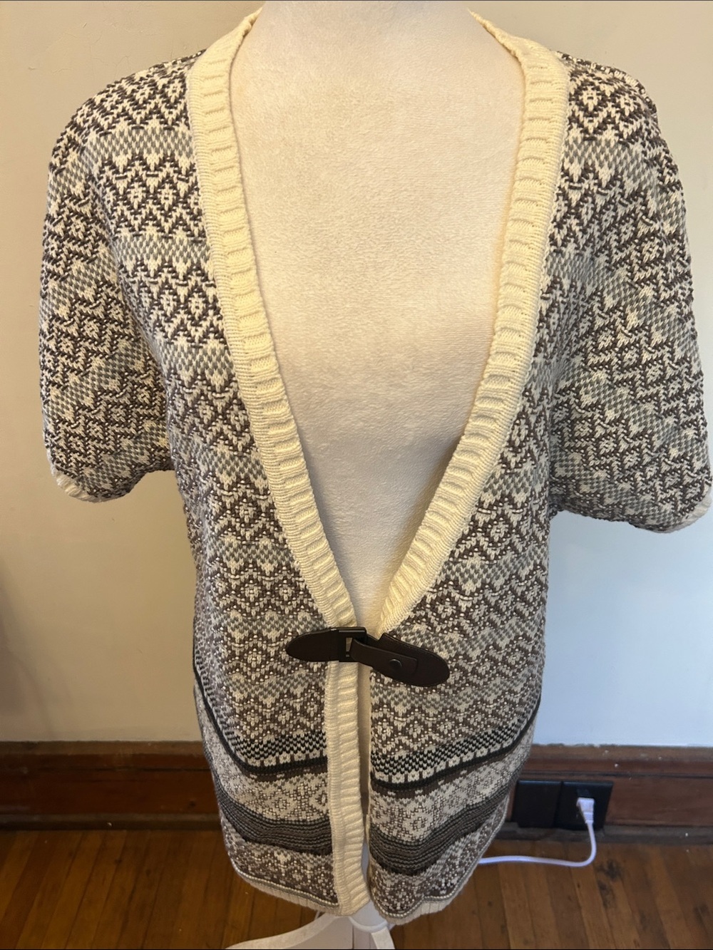 Christopher & Banks Cream Brown Open-Front Short sleeve cardigan Size L NWT